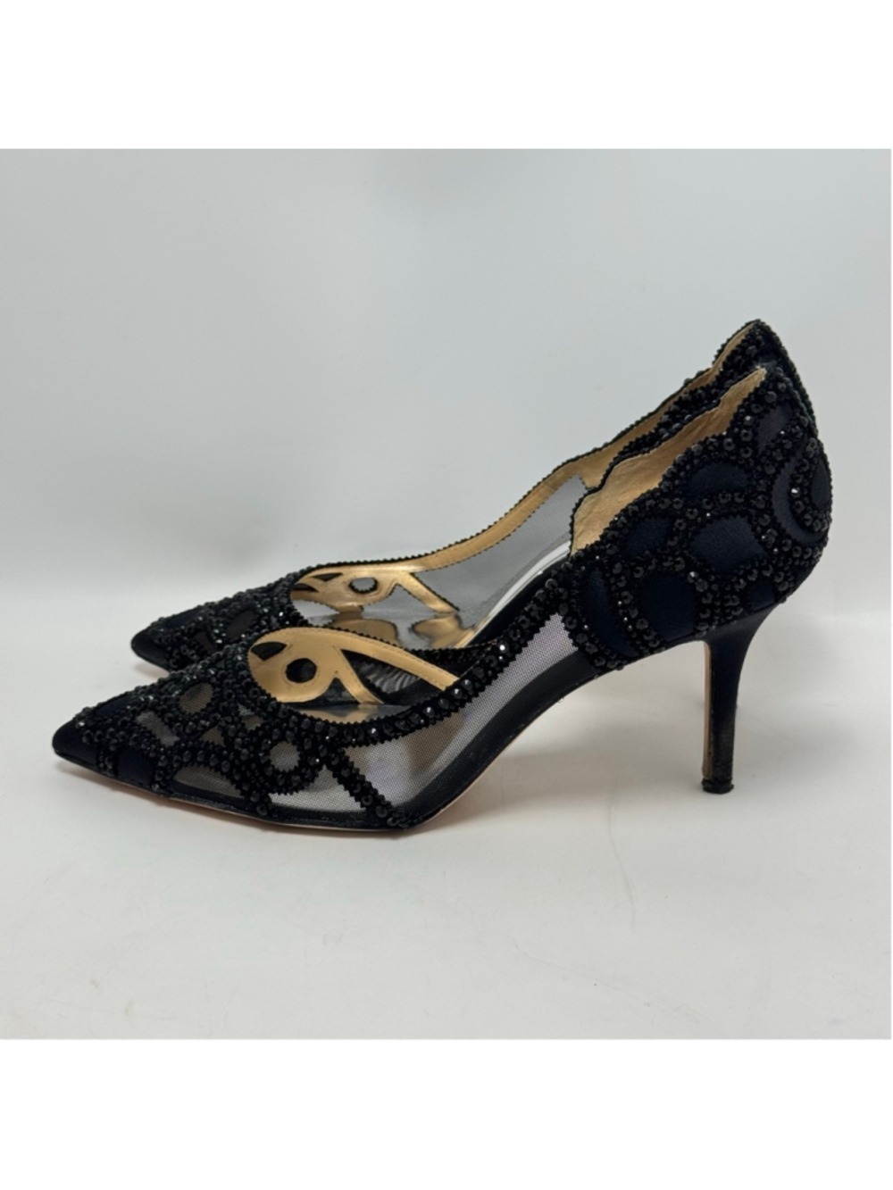Badgley Mischka Ginny D’Orsay Black Embellished Mesh Pointed Toe Heels Size 9